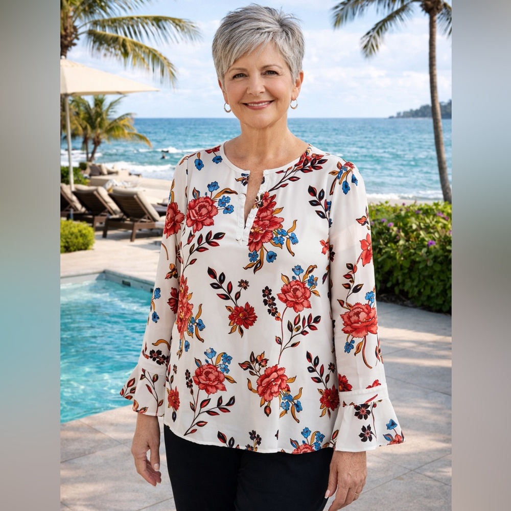 LOFT Floral Blouse - Cream/Red/Blue Vacation Resortwear Spring Summer Size M